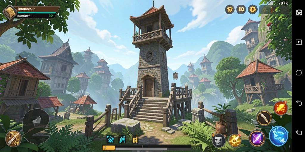 Screenshot gameplay Tower Defense yang menampilkan menara dan musuh beraneka ragam.