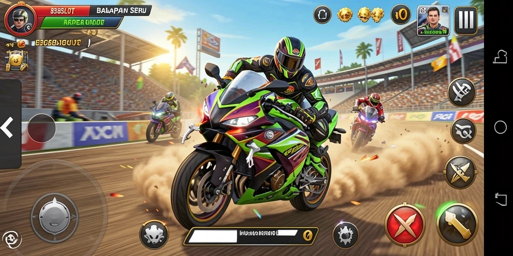 Tampilan gameplay seru di 8368SLOT saat balapan sepeda motor.