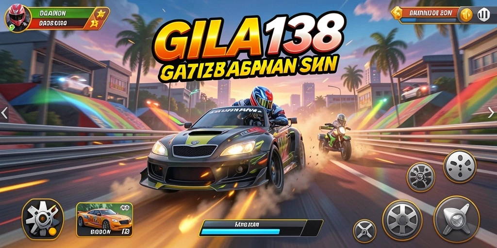 Screenshot utama GILA138 menunjukkan mobil balap melaju kencang di lintasan yang menantang.
