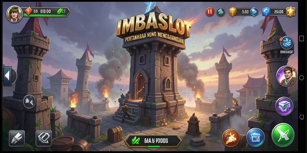 Screenshot gameplay IMBASLOT menampilkan pertahanan menara yang dramatis.
