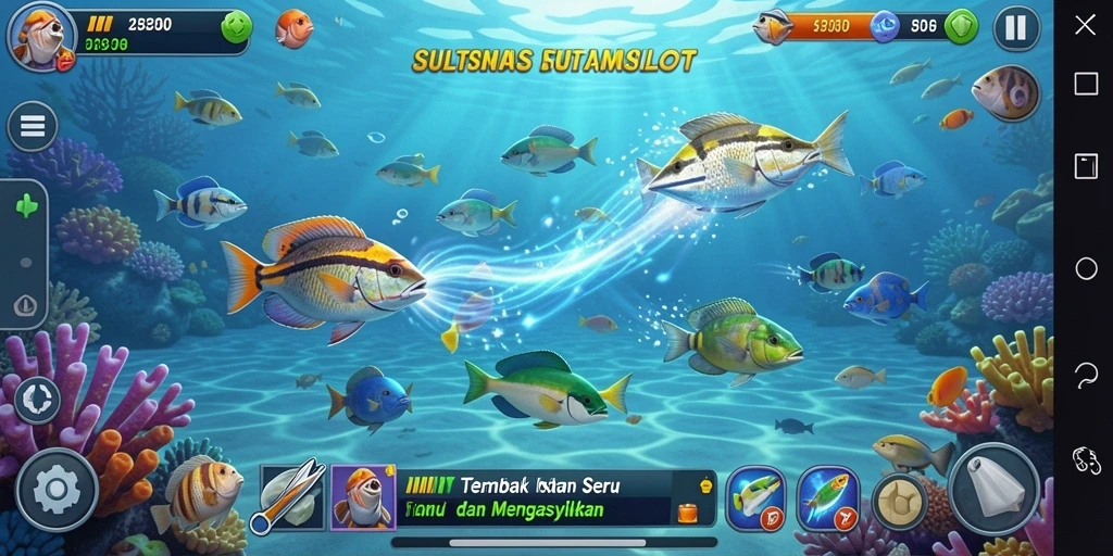 Screenshot dari gameplay seru SULTANSLOT menembak ikan.