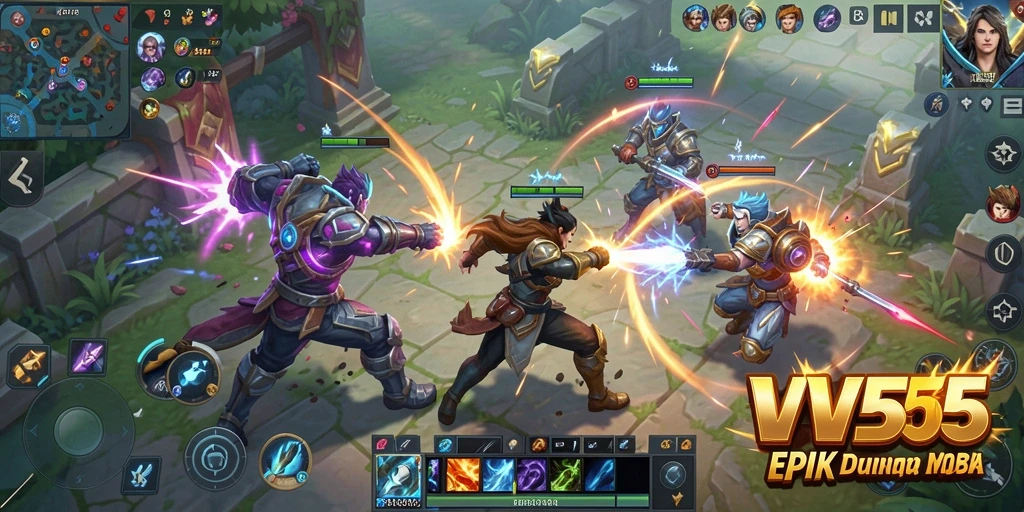 Screenshot VV55 menampilkan aksi seru dalam pertarungan MOBA.
