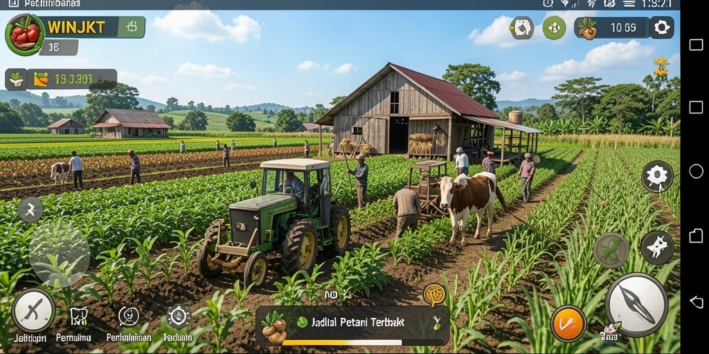 Tampilan gameplay WINJKT dengan aktivitas pertanian yang seru dan interaktif.